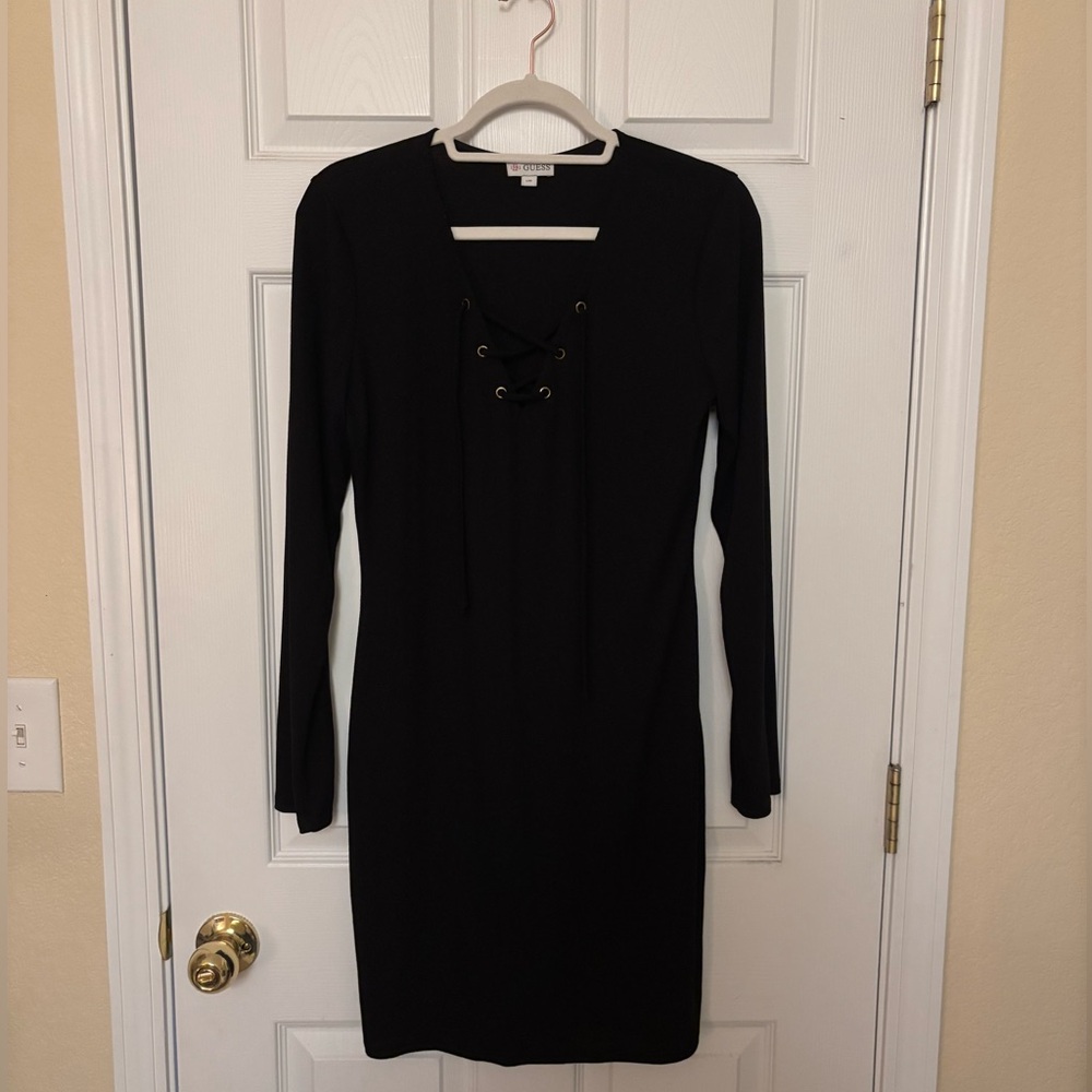 GUESS Black Long Sleeve Lace-Up Mini Dress, Size Large